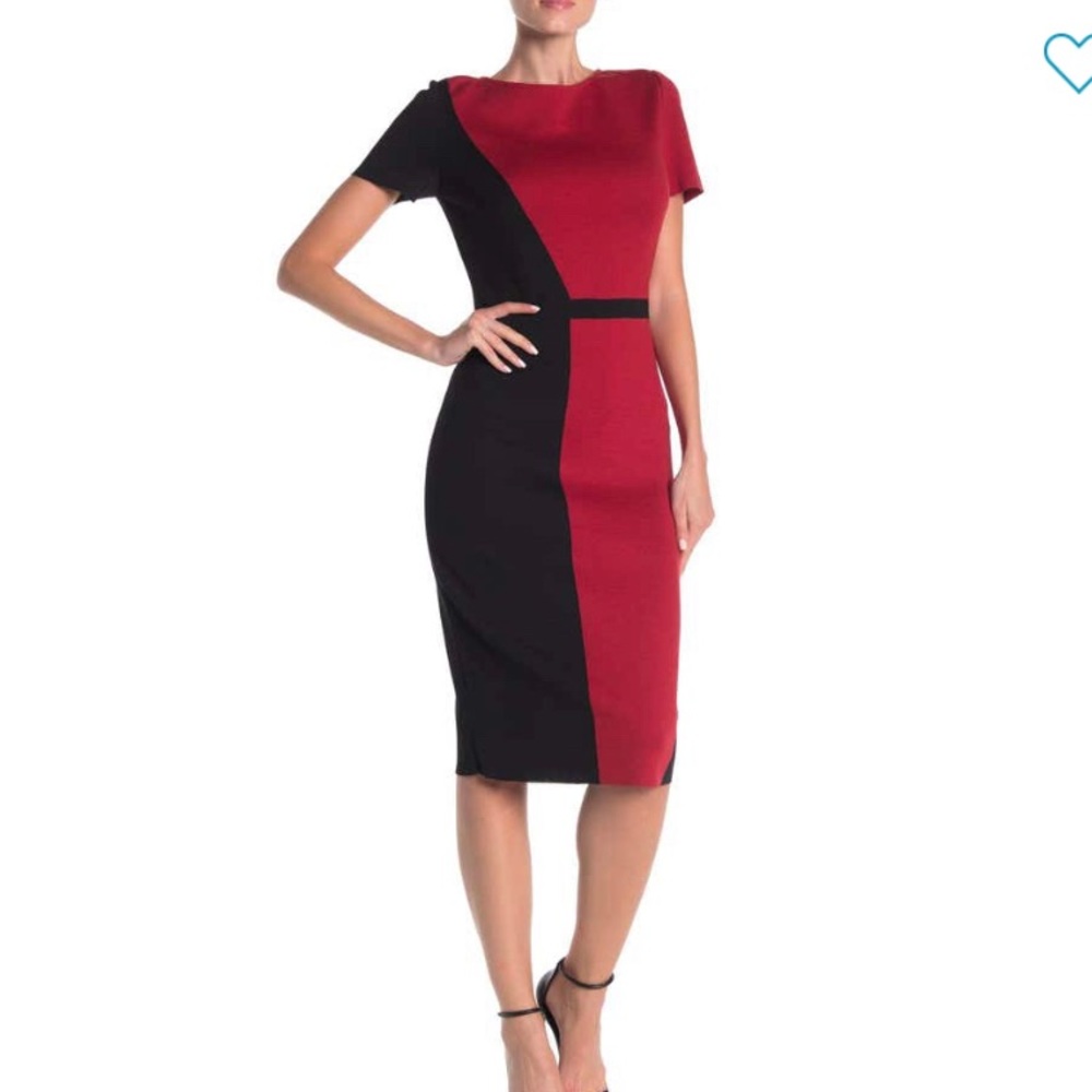 St. John Burgundy and Black Colorblock Midi Sheath Dress